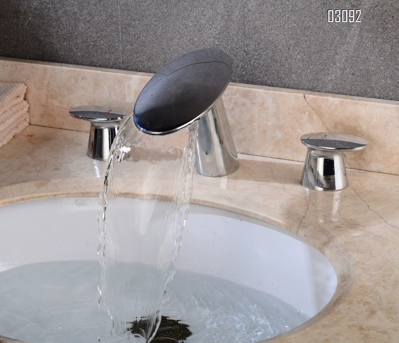 Brass Three-Hole separate basin faucet with 8.3 cm holes in the waterfall style Cold and Hot water bathroom sink Faucets