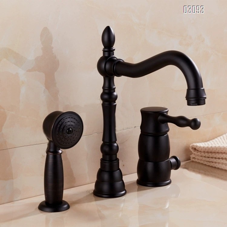 European All Brass Black Three-Hole Separate Basin Faucets Cold and hot water bathroom Sink Faucet with shower head