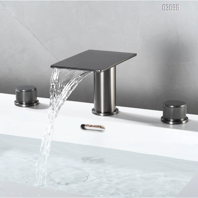 Brass Square Waterfall Black Chrome Gunmetal Finish Basin Sink Disconnect Three-Hole Cold and Hot Water Tap Three-Piece Set Wash Basin Bath