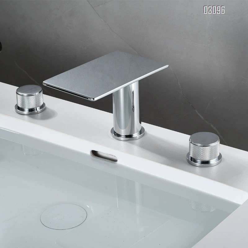 Brass Square Waterfall Black Chrome Gunmetal Finish Basin Sink Disconnect Three-Hole Cold and Hot Water Tap Three-Piece Set Wash Basin Bath