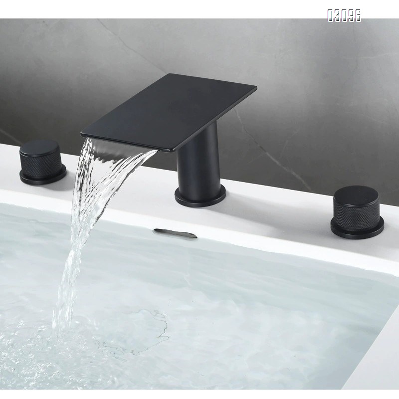 Brass Square Waterfall Black Chrome Gunmetal Finish Basin Sink Disconnect Three-Hole Cold and Hot Water Tap Three-Piece Set Wash Basin Bath