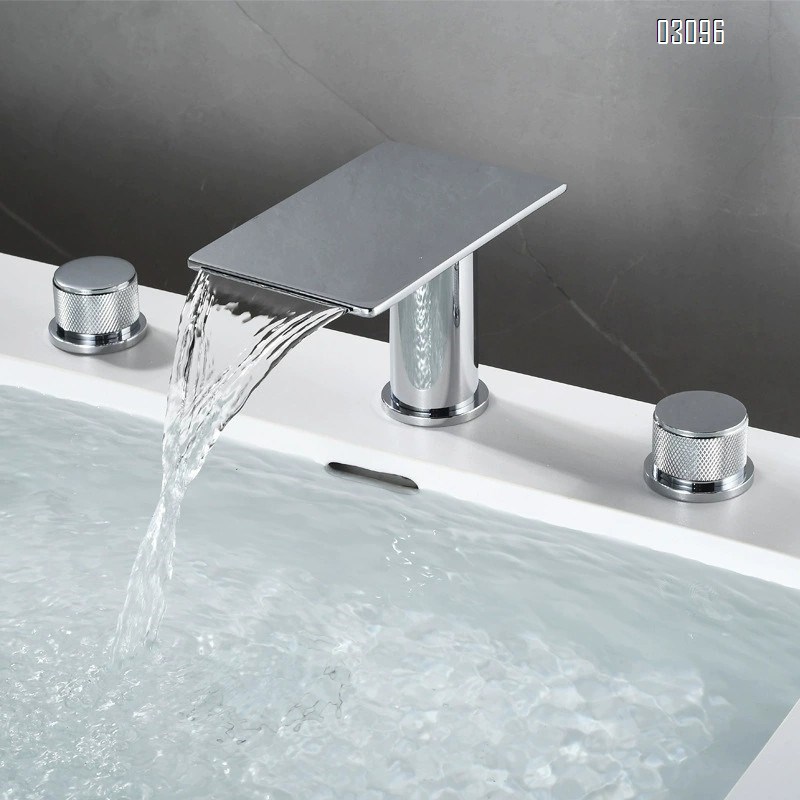 Brass Square Waterfall Black Chrome Gunmetal Finish Basin Sink Disconnect Three-Hole Cold and Hot Water Tap Three-Piece Set Wash Basin Bath