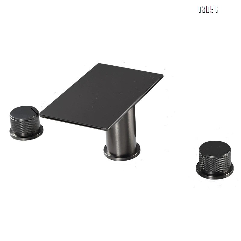 Brass Square Waterfall Black Chrome Gunmetal Finish Basin Sink Disconnect Three-Hole Cold and Hot Water Tap Three-Piece Set Wash Basin Bath