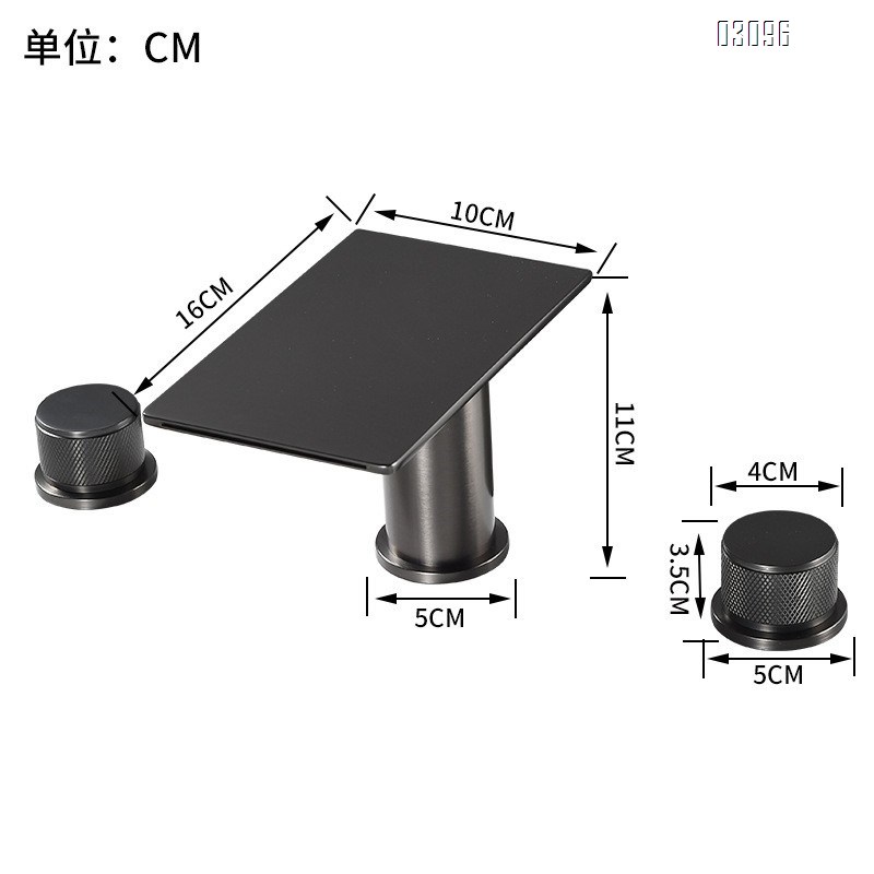 Brass Square Waterfall Black Chrome Gunmetal Finish Basin Sink Disconnect Three-Hole Cold and Hot Water Tap Three-Piece Set Wash Basin Bath