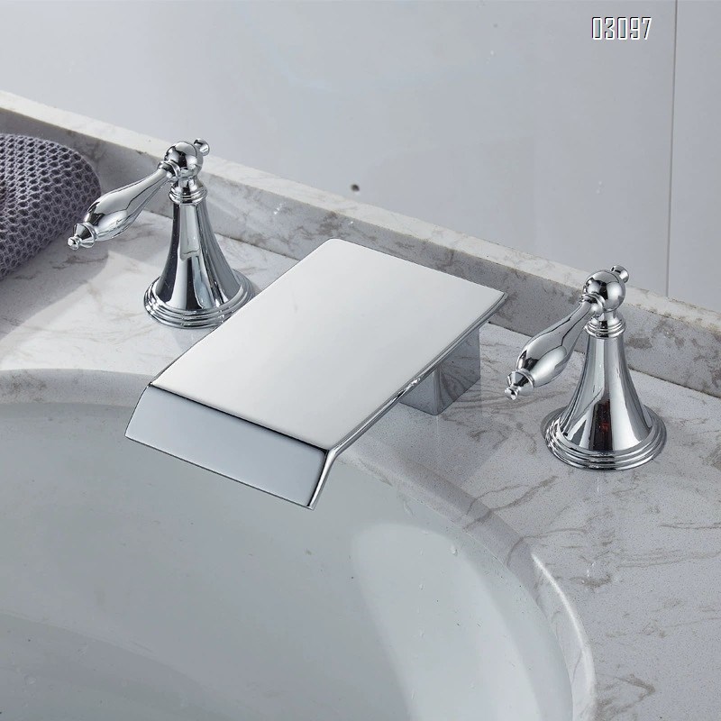 Brass Chrome waterfall three-piece set faucet vertical split double handle three-hole wash basin wash basin faucet