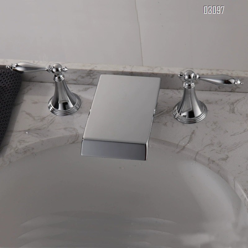 Brass Chrome waterfall three-piece set faucet vertical split double handle three-hole wash basin wash basin faucet