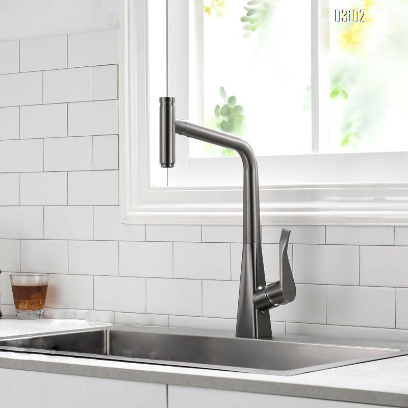 Gunmetal Grey pull-out kitchen faucet Brass vegetable sink wash basin extendable cold and hot water Rotation Swivel tap