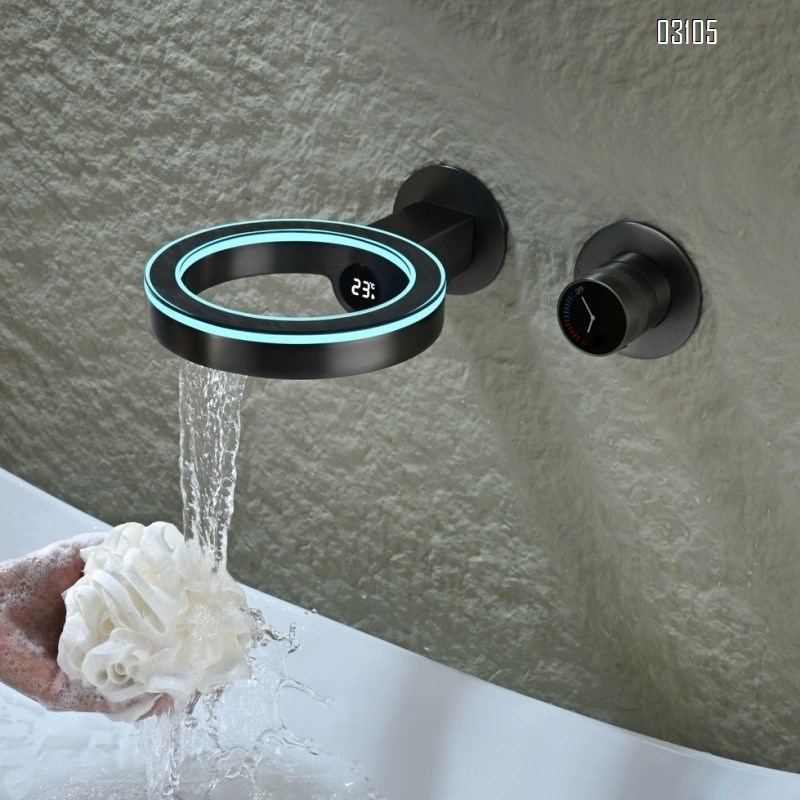 Gunmetal gray atmosphere light digital display of cold and hot all Brass  concealed installation wall-mounted basin faucet bathroom wash basin