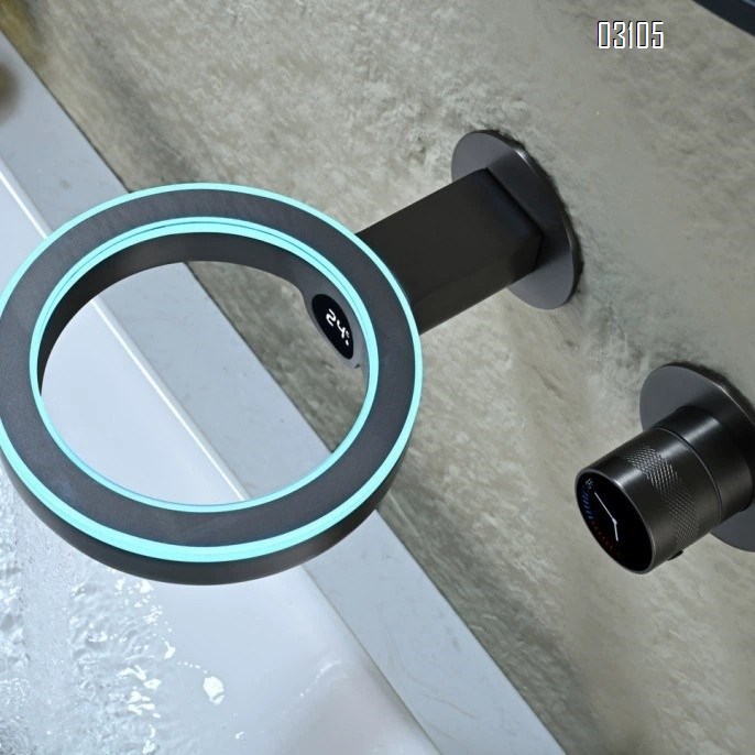 Gunmetal gray atmosphere light digital display of cold and hot all Brass  concealed installation wall-mounted basin faucet bathroom wash basin