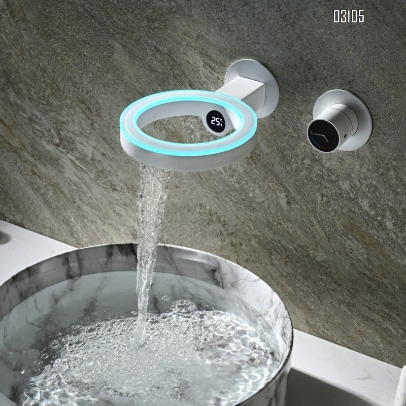 Gunmetal gray atmosphere light digital display of cold and hot all Brass  concealed installation wall-mounted basin faucet bathroom wash basin