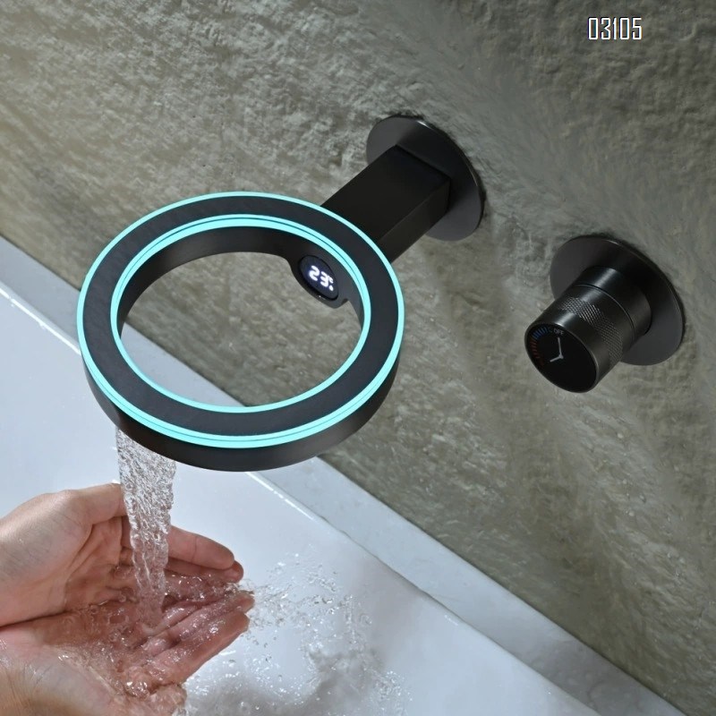 Gunmetal gray atmosphere light digital display of cold and hot all Brass  concealed installation wall-mounted basin faucet bathroom wash basin