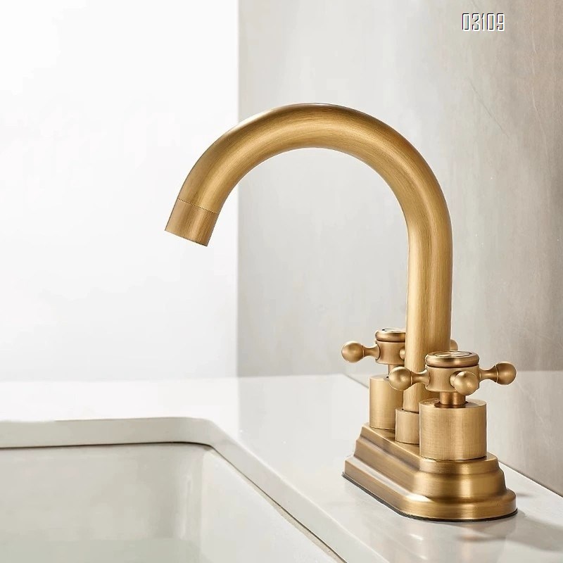 Brass Vintage Antique Wash Basin Faucet with Double Holes for Bathroom Cabinet Cold and Hot Water Tap for Sink
