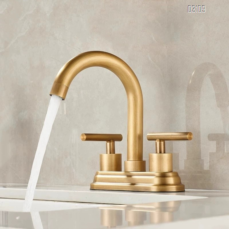 Brass Vintage Antique Wash Basin Faucet with Double Holes for Bathroom Cabinet Cold and Hot Water Tap for Sink