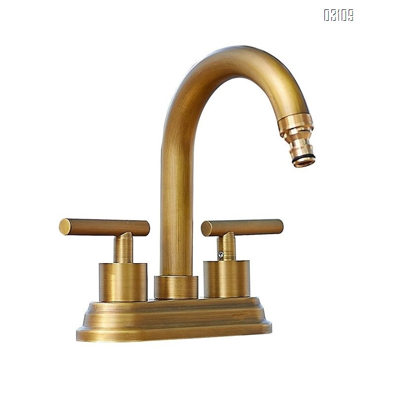 Brass Vintage Antique Wash Basin Faucet with Double Holes for Bathroom Cabinet Cold and Hot Water Tap for Sink