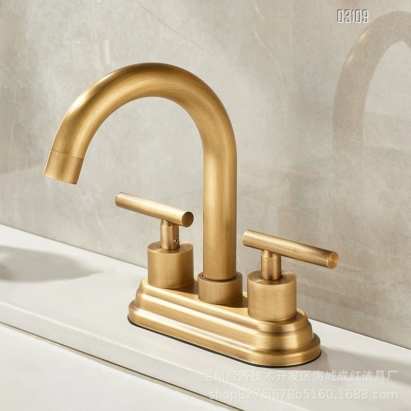 Brass Vintage Antique Wash Basin Faucet with Double Holes for Bathroom Cabinet Cold and Hot Water Tap for Sink