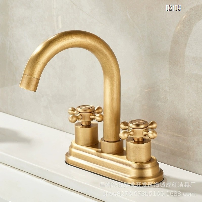 Brass Vintage Antique Wash Basin Faucet with Double Holes for Bathroom Cabinet Cold and Hot Water Tap for Sink