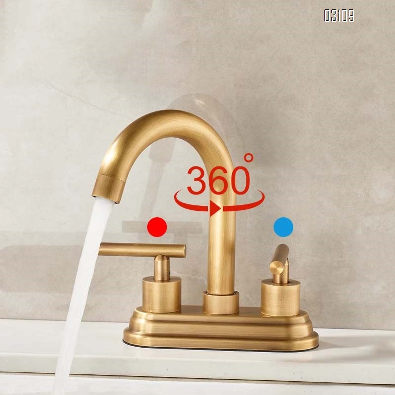 Brass Vintage Antique Wash Basin Faucet with Double Holes for Bathroom Cabinet Cold and Hot Water Tap for Sink