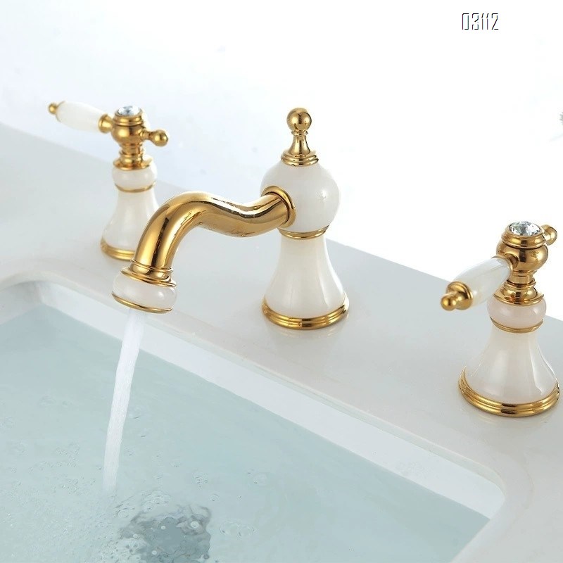 European style three-hole jade stone faucet Brass antique  wash basin wash basin bathroom golden bathroom cabinet faucet