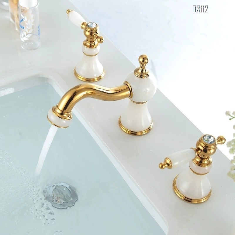 European style three-hole jade stone faucet Brass antique  wash basin wash basin bathroom golden bathroom cabinet faucet