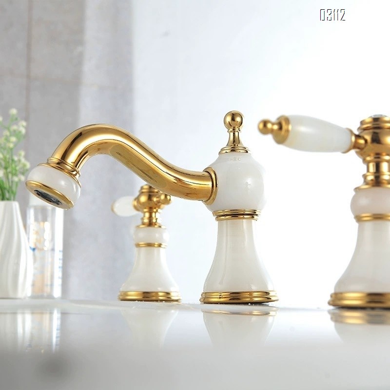 European style three-hole jade stone faucet Brass antique  wash basin wash basin bathroom golden bathroom cabinet faucet
