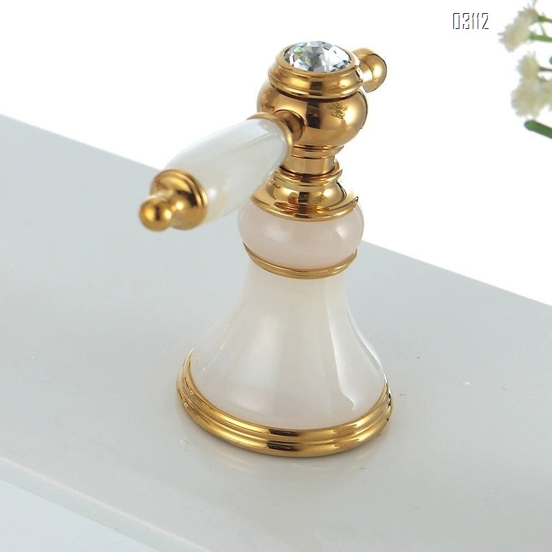 European style three-hole jade stone faucet Brass antique  wash basin wash basin bathroom golden bathroom cabinet faucet