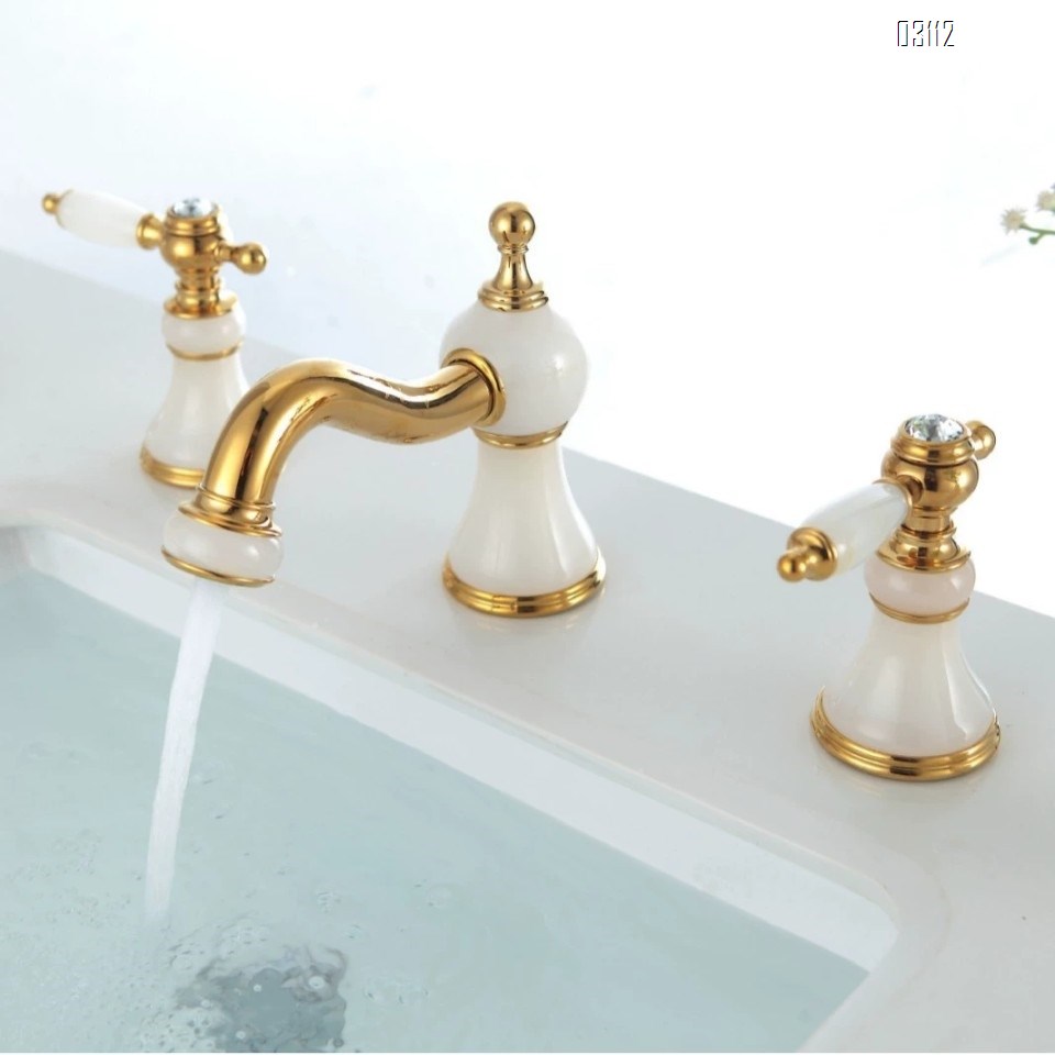 European style three-hole jade stone faucet Brass antique  wash basin wash basin bathroom golden bathroom cabinet faucet