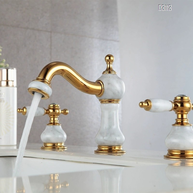 European style three-hole Separate jade stone faucet Brass antique wash basin wash basin bathroom golden bathroom faucet