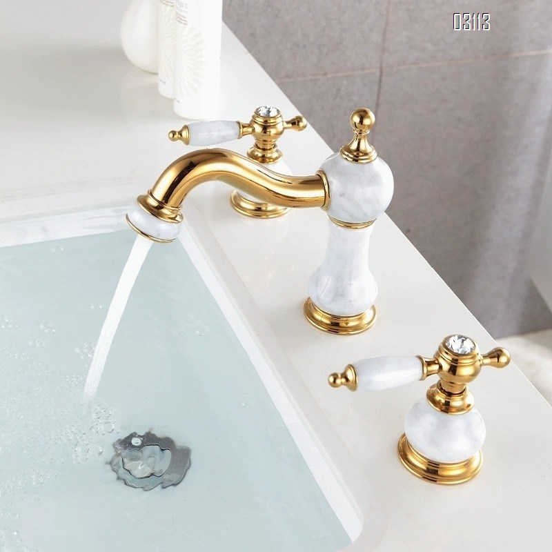 European style three-hole Separate jade stone faucet Brass antique wash basin wash basin bathroom golden bathroom faucet