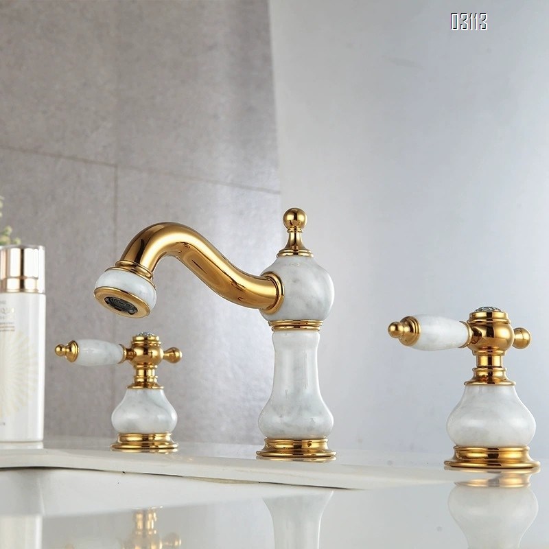 European style three-hole Separate jade stone faucet Brass antique wash basin wash basin bathroom golden bathroom faucet