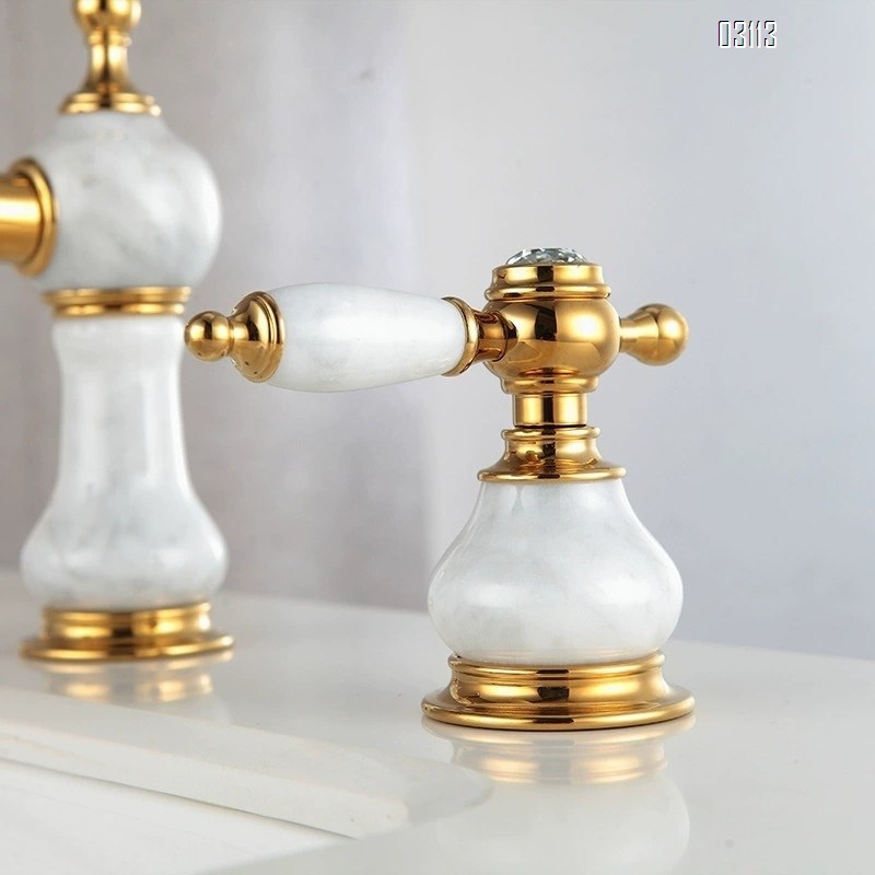 European style three-hole Separate jade stone faucet Brass antique wash basin wash basin bathroom golden bathroom faucet