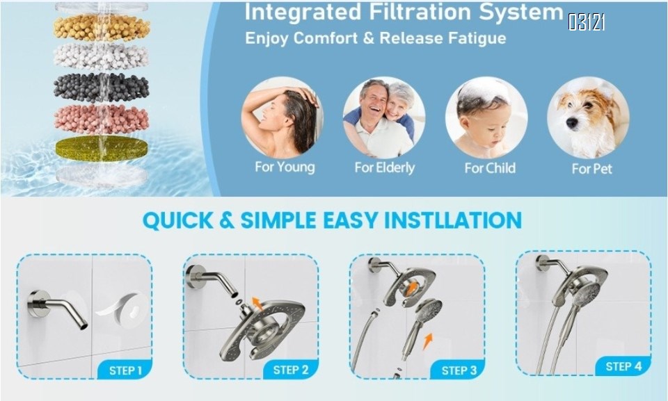 Filtered Shower Head with Handheld, 5-Spray Setting Detachable Showerhead with Filters for Hard Water Remove Chlorine , Chrome