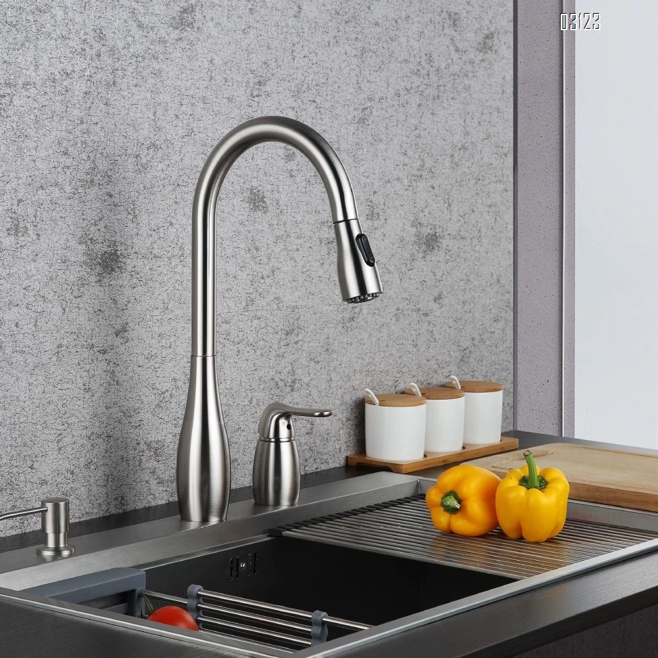 German craftsmanship copper kitchen pull-out faucet with two holes, rotatable and flexible, personalized sink faucet for home use