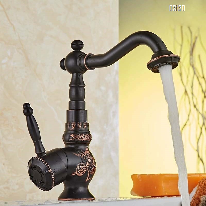 All-Brass European black antique rotating faucet with vintage carved washbasin cold and hot water faucet single handle single hole high-end model