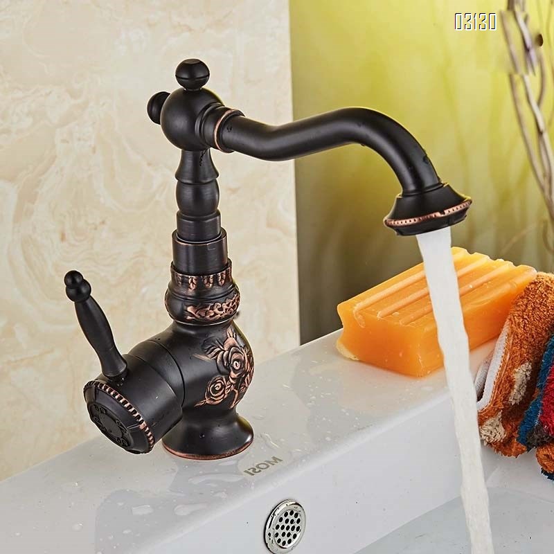 All-Brass European black antique rotating faucet with vintage carved washbasin cold and hot water faucet single handle single hole high-end model