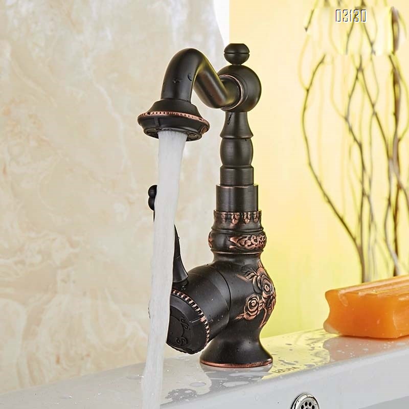 All-Brass European black antique rotating faucet with vintage carved washbasin cold and hot water faucet single handle single hole high-end model
