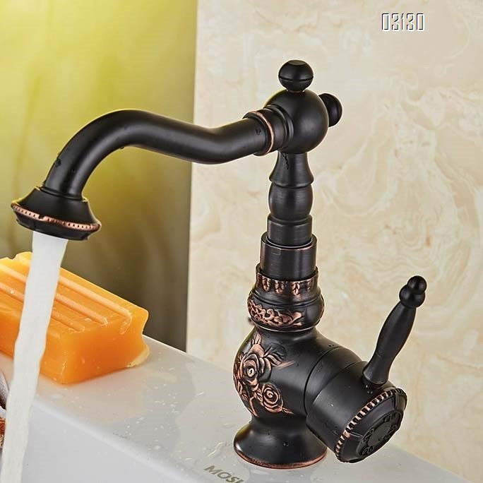 All-Brass European black antique rotating faucet with vintage carved washbasin cold and hot water faucet single handle single hole high-end model