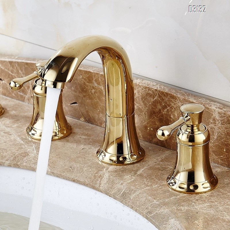 European style Three hole Separate bathroom sink basin three-hole faucets Brass bathroom cabinet gold set cold and hot water Tap