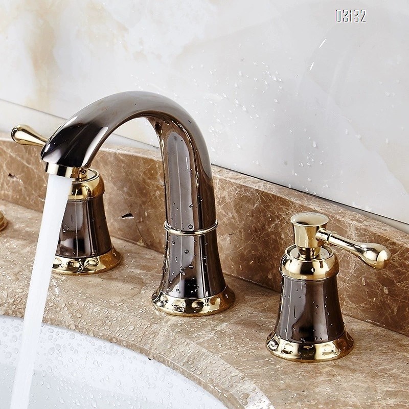 European style Three hole Separate bathroom sink basin three-hole faucets Brass bathroom cabinet gold set cold and hot water Tap