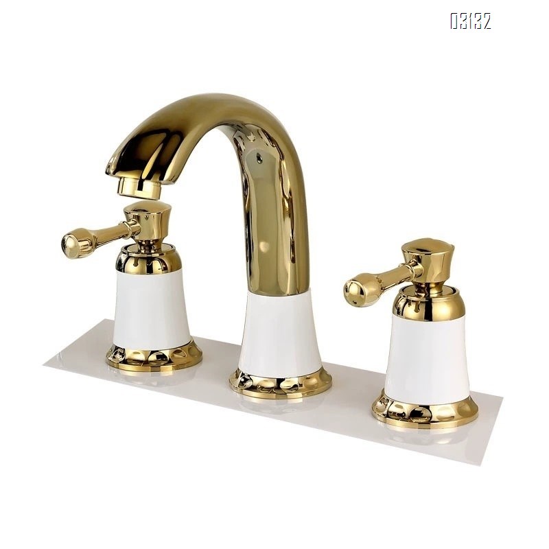 European style Three hole Separate bathroom sink basin three-hole faucets Brass bathroom cabinet gold set cold and hot water Tap