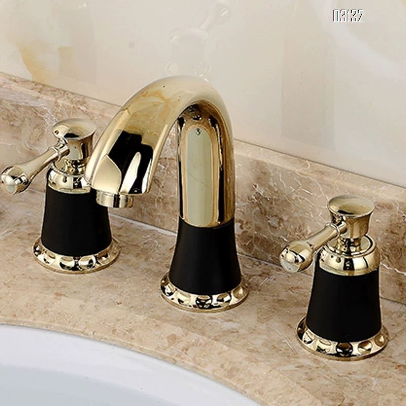 European style Three hole Separate bathroom sink basin three-hole faucets Brass bathroom cabinet gold set cold and hot water Tap