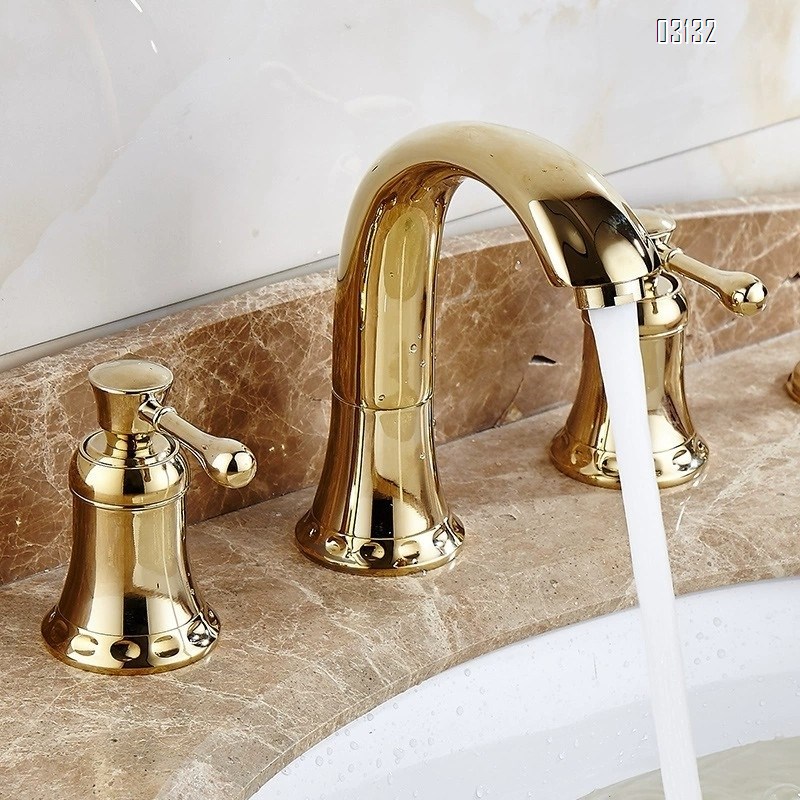 European style Three hole Separate bathroom sink basin three-hole faucets Brass bathroom cabinet gold set cold and hot water Tap