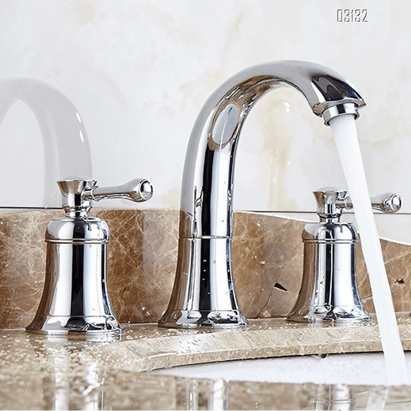 European style Three hole Separate bathroom sink basin three-hole faucets Brass bathroom cabinet gold set cold and hot water Tap
