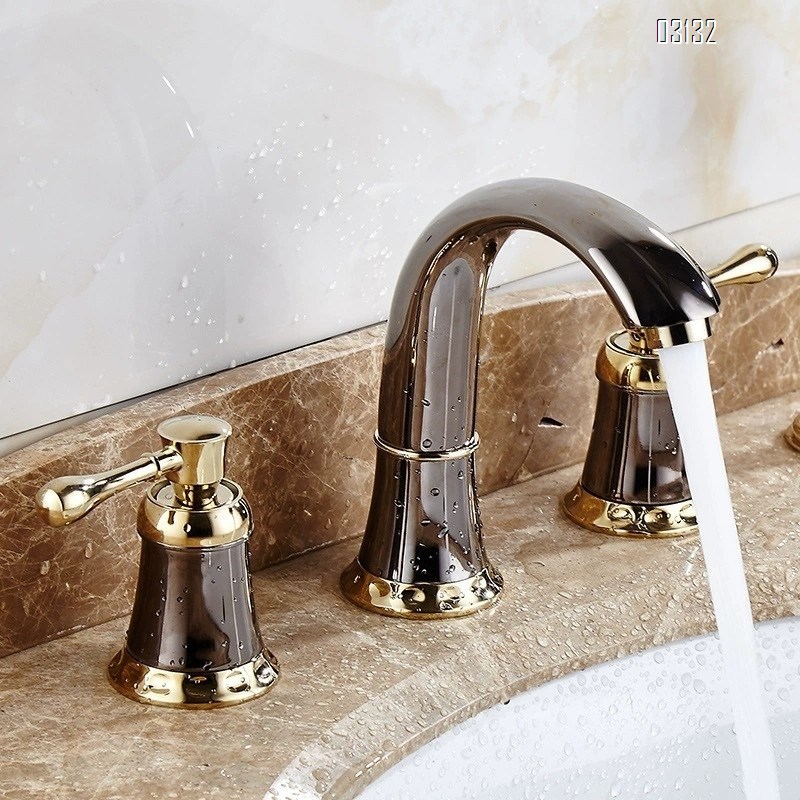 European style Three hole Separate bathroom sink basin three-hole faucets Brass bathroom cabinet gold set cold and hot water Tap