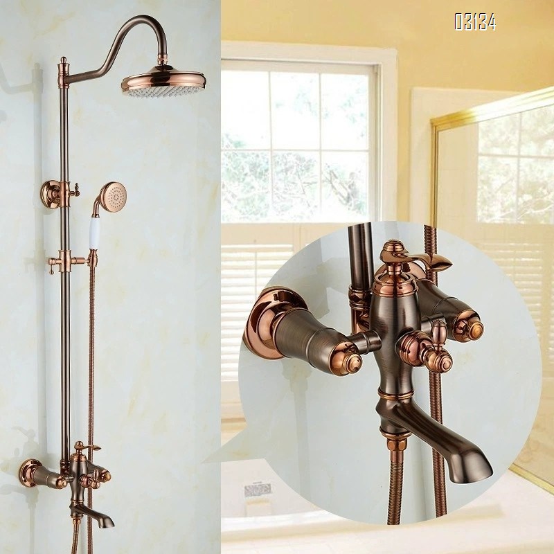 American rose gold brown antique Brass shower set European full Brass retro ORB hot and cold water faucet with lift