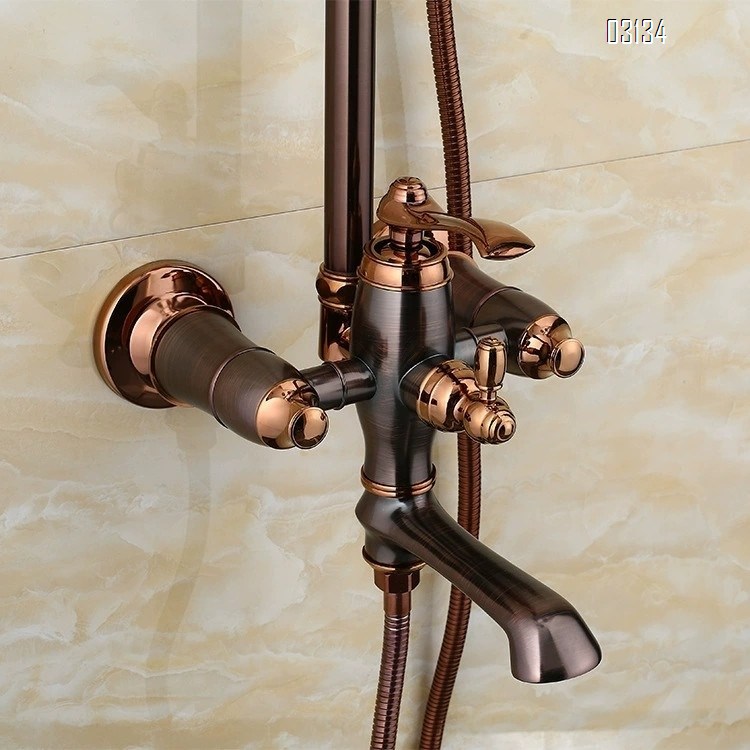 American rose gold brown antique Brass shower set European full Brass retro ORB hot and cold water faucet with lift