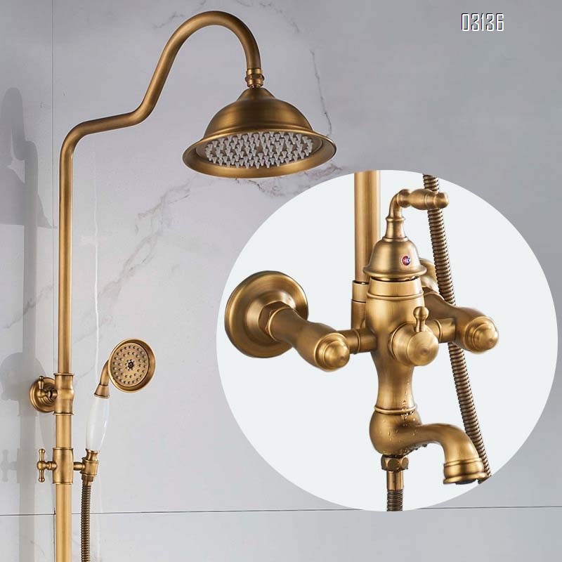 European style full Brass antique shower set home use vintage antique color bathroom shower head liftable luxury faucet