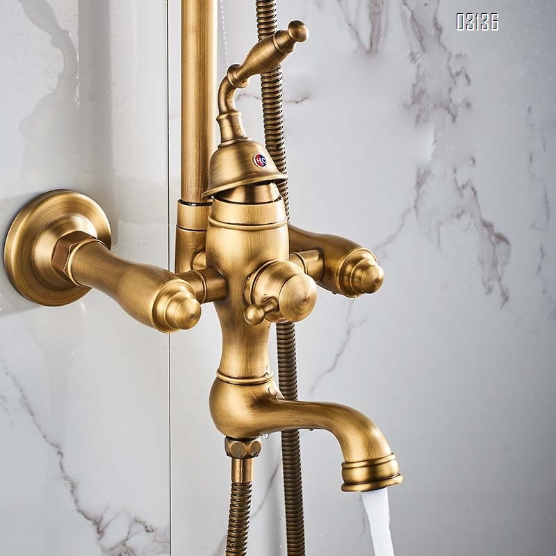European style full Brass antique shower set home use vintage antique color bathroom shower head liftable luxury faucet
