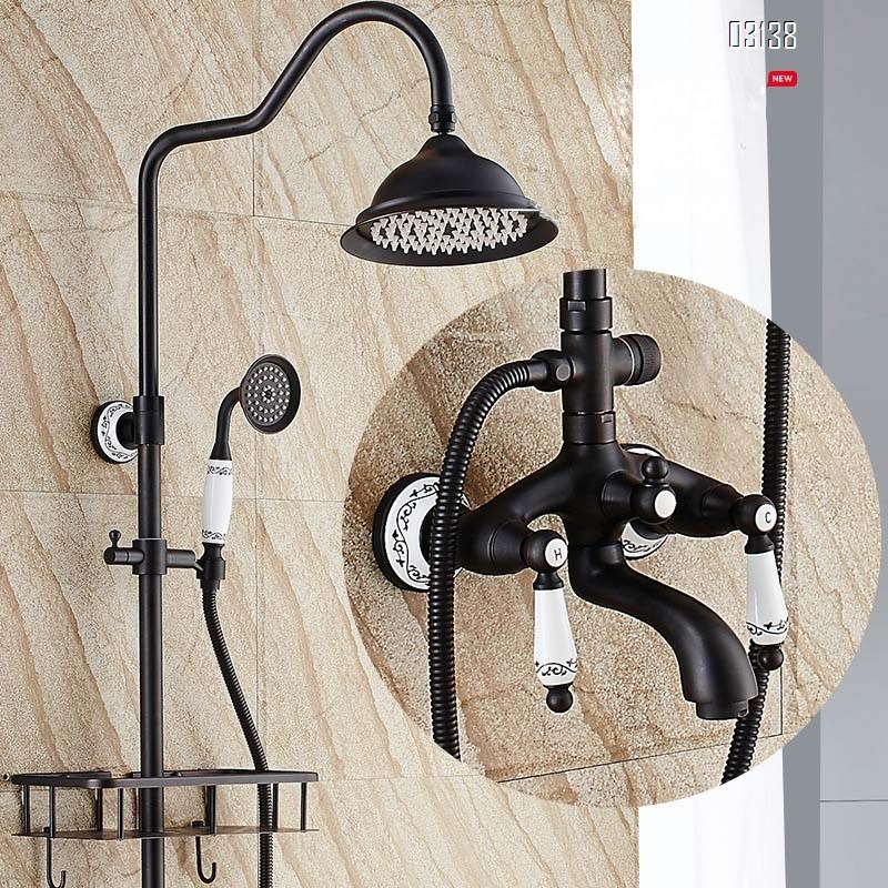 Antique full Brass black ancient shower set cold and hot mixing black nozzle pressure faucet hand shower head