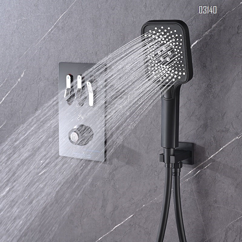 Black wall Mounted Brass body smart shower head set with digital display for temperature setting with piano key pressure increase Tap