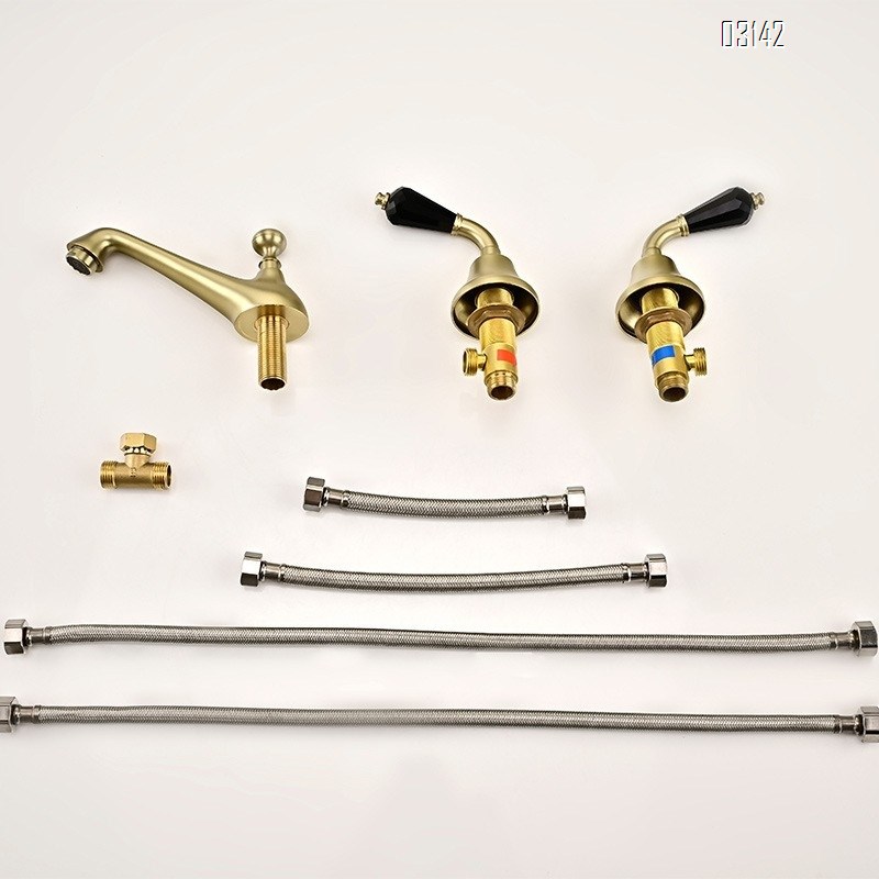 Brass ceramic faucet set for wash basin separate cold and hot water basin faucets tap under-counter with three holes and double handles
